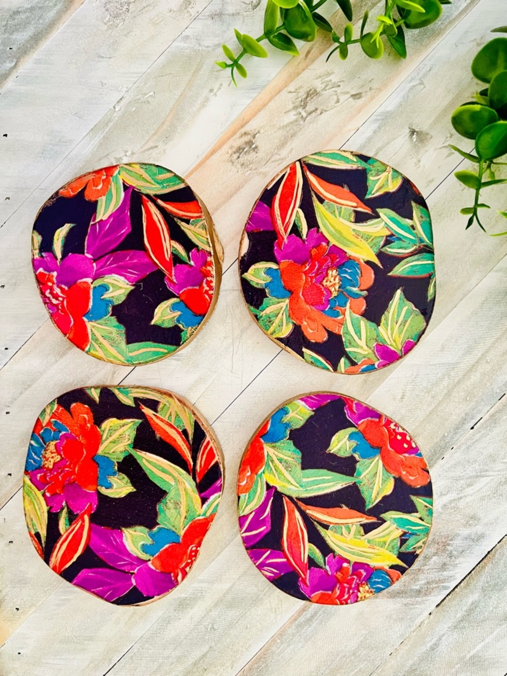 Floral Round Wood Coasters Set - Bold Multicolor